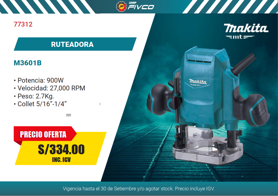 M3601B RUTEADORA 1/4" 900W MT AZUL / 27,000 RPM / 2.7KG - MAKITA