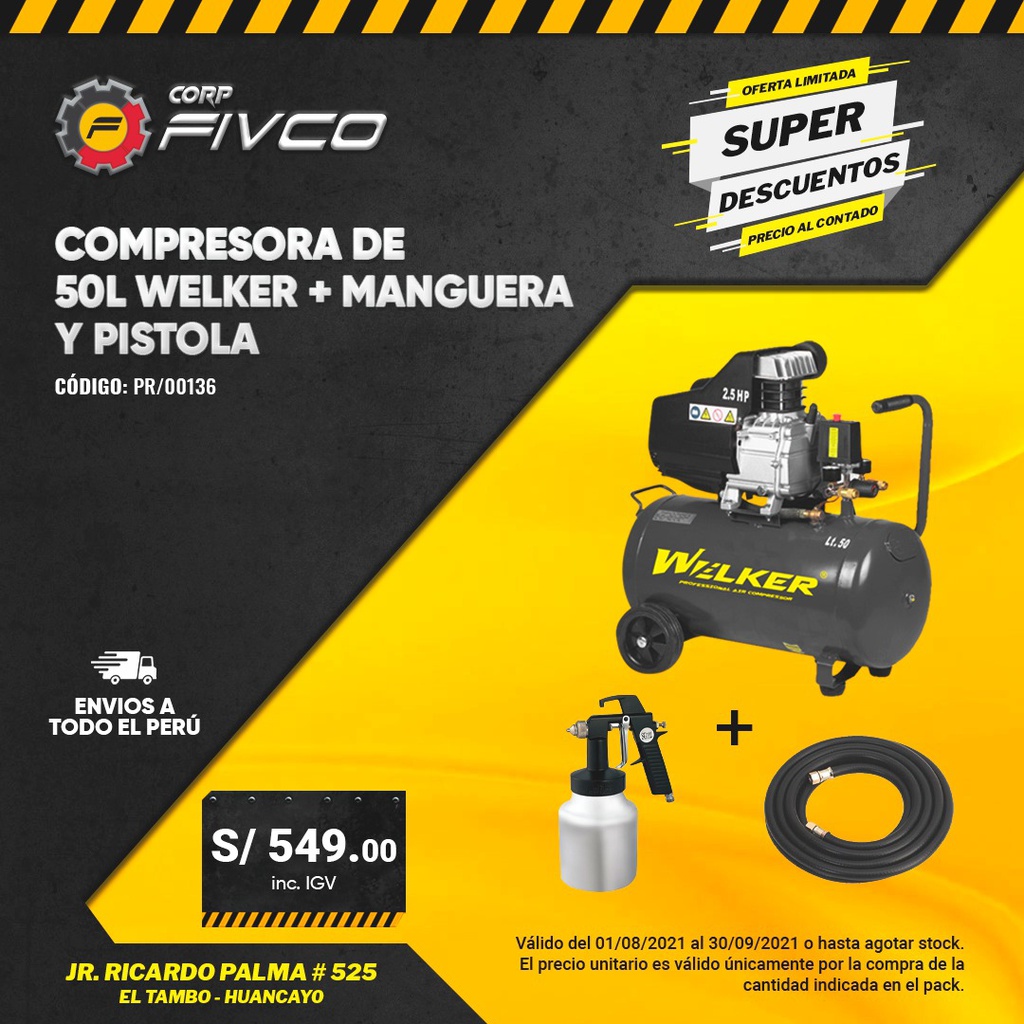 COMPRESORA 50L ZC-0.12/8 WELKER + MANGUERA Y PISTOLA