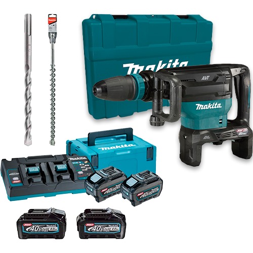 CO-HR006GZ MARTILLO PERFORADOR 40V X2 XGT C/ 4 BAT. 5.0AH + CARGADOR DOBLE + 2 BROCAS SDS MAX 32MM (2PIES Y 3PIES) - MAKITA