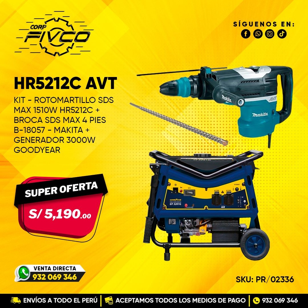KIT - ROTOMARTILLO SDS MAX 1510W HR5212C AVT + BROCA SDS-MAX 4 PIES B-18057 MAKITA + GENERADOR 3000W GOODYEAR