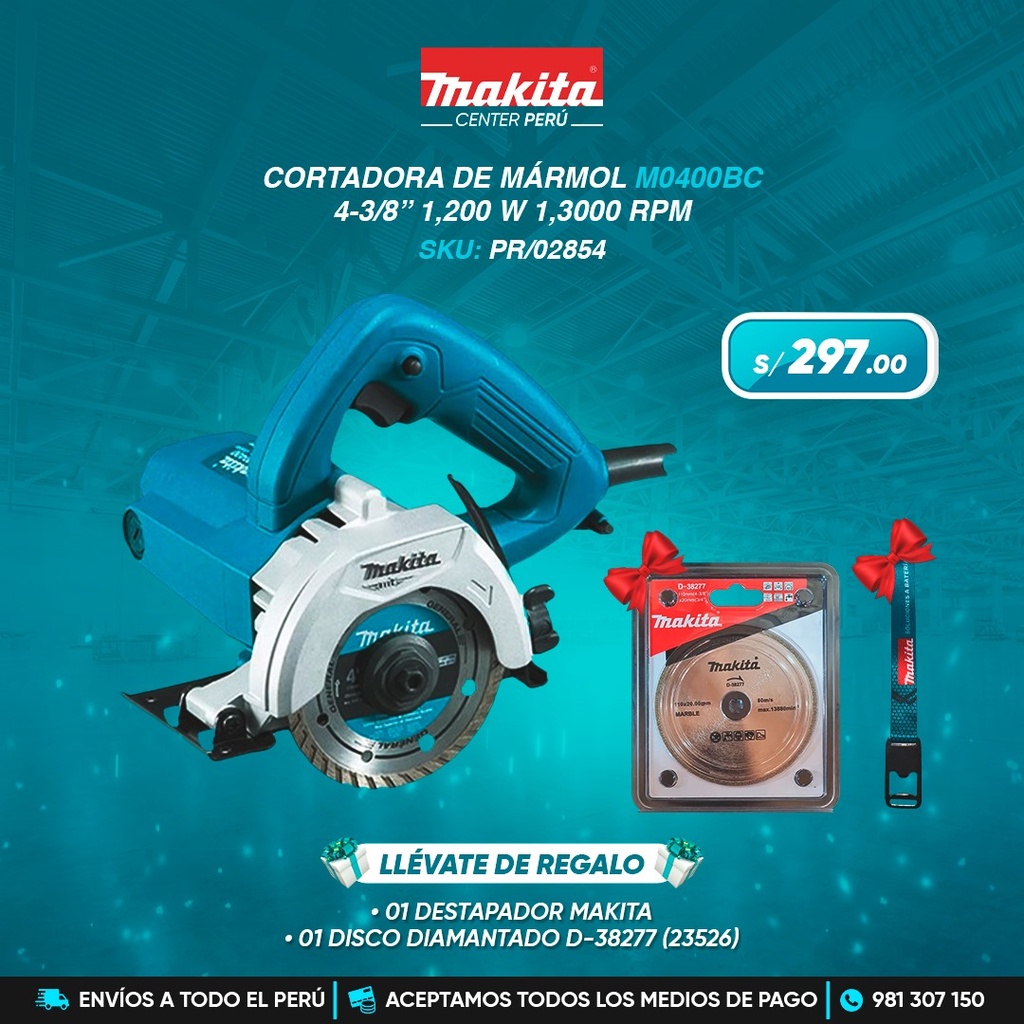 M0400BC CORTADORA DE MÁRMOL 4-3/8" 1,200W - MT AZUL / 13,800 RPM + DISCO DIAMANTADO CONTINUO 4.3/8" D-38277 - MAKITA