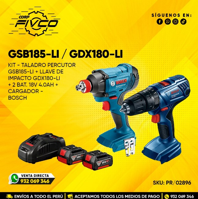 KIT - TALADRO PERCUTOR GSB185-LI + LLAVE DE IMPACTO GDX180-LI INCL. 2BAT 18V 4.0Ah Y GARGADOR - BOSCH
