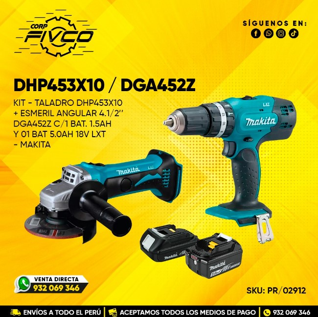 KIT - TALADRO DHP453X10+ESMERIL ANGULAR 4.1/2" DGA452Z  C/ 01BAT. 1.5Ah Y 1BAT. 5.0Ah 18V LXT - MAKITA