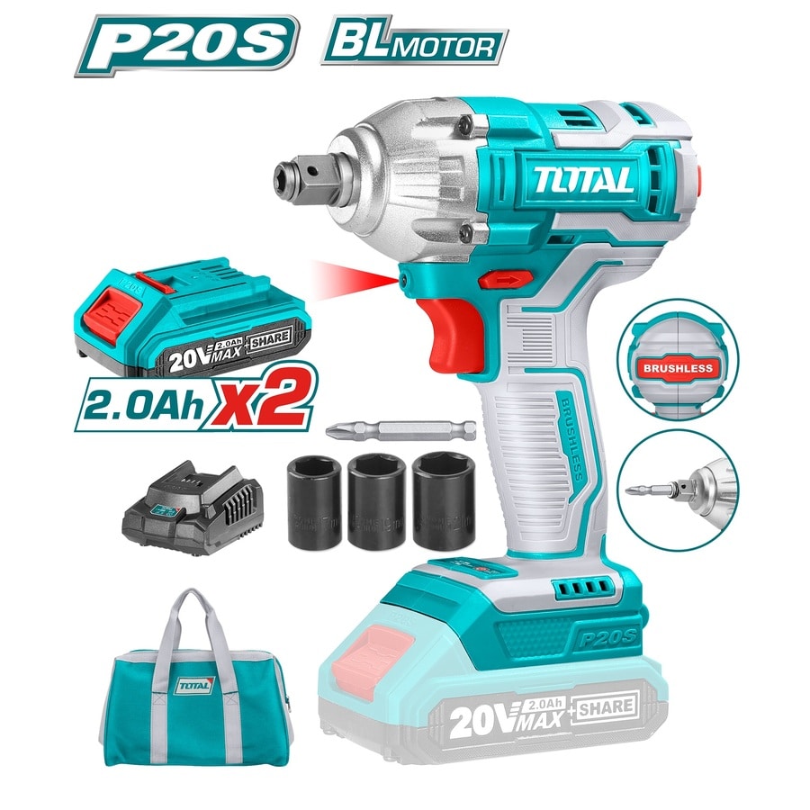 LLAVE DE IMPACTO 1/2" 20V 220NM + 2 BAT 2.0Ah + CARGADOR (#TIWLI20208) - TOTAL