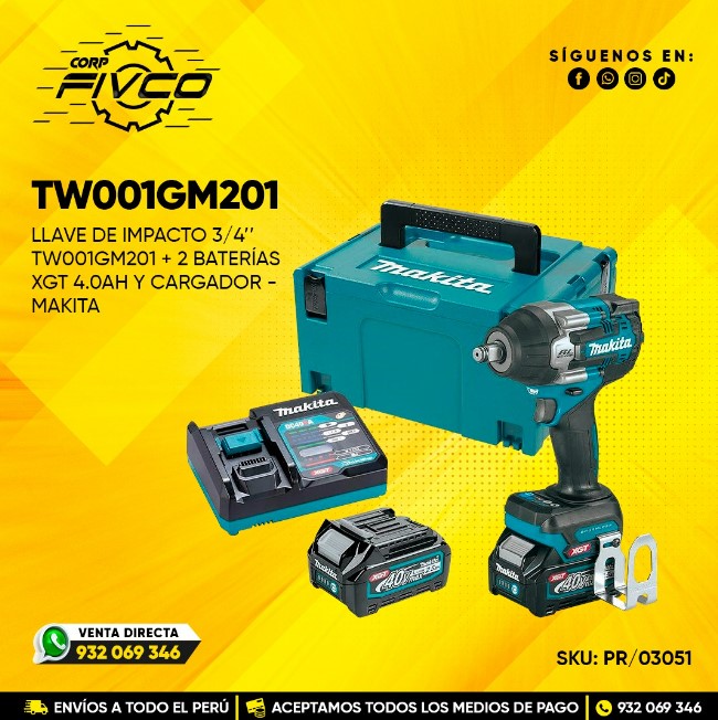 LLAVE DE IMPACTO 3/4" TW001GM201+2BAT XGT 4.0Ah Y CARGADOR - MAKITA