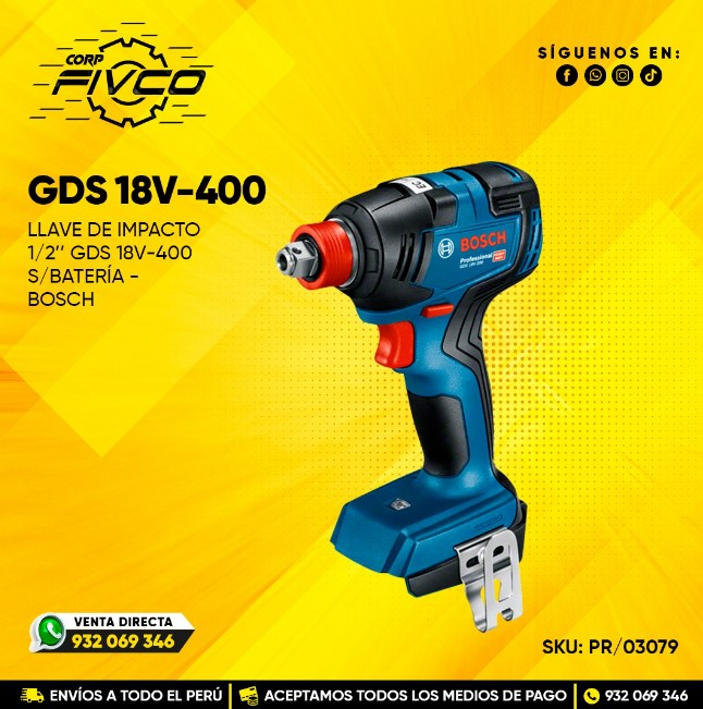 LLAVE DE IMPACTO 1/2" S/ BATERIA 400NM - (#GDS 18V-400) BOSCH