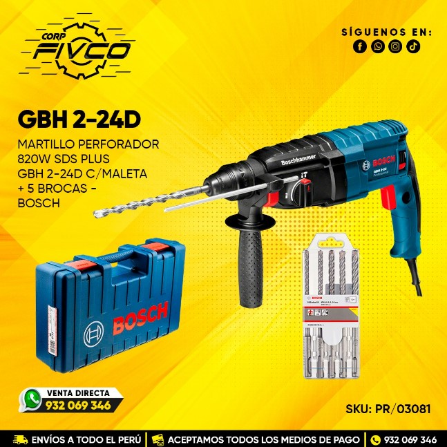 MARTILLO PERFORADOR 820W SDS PLUS GBH 2-24D C/MALETA + 5 BROCAS - BOSCH