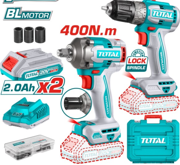 COMBO TALADRO ATORNILLADOR 52NM + LLAVE IMPACTO 1/2" 400NM + 2BAT. 2.0AH + CARGADOR #TCKLI20271 - TOTAL