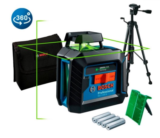 NIVEL LASER DE LINEA VERDE HORIZONTAL 360º (#GLL 2-20G) + TRIPODE 55-157CM (#BT150) - BOSCH