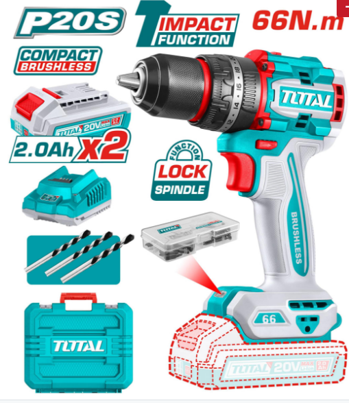 TALADRO ATORNILLADOR C/PERCUTOR BRUSHLESS 20V 66NM C/CHUCK METALICO+ 2BAT 2.0Ah + 1 CARGADOR C/MALETA PLASTICO (#TIDLI20668) - TOTAL