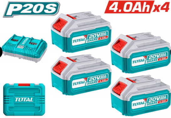 PACK 4 BATERIAS DENION DE LITIO 20V 4.0Ah + CARGADOR DOBLE #TFBCLI20244 - TOTAL