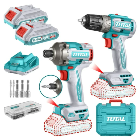 COMBO TALADRO ATORNILLADOR 0.8-10MM + ATORNILLADOR IMPACTO 1/4" 20V + 2BAT 2.0Ah + GARGADOR Y MALETA (#TCKLI20272) - TOTAL