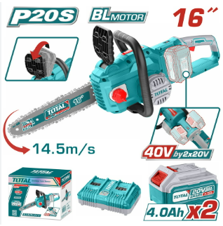 MOTOSIERRA 16" 40V (40CM) + 2BAT. 4.0AH +1CARGADOR DOBLE #TGSLI401682 - TOTAL