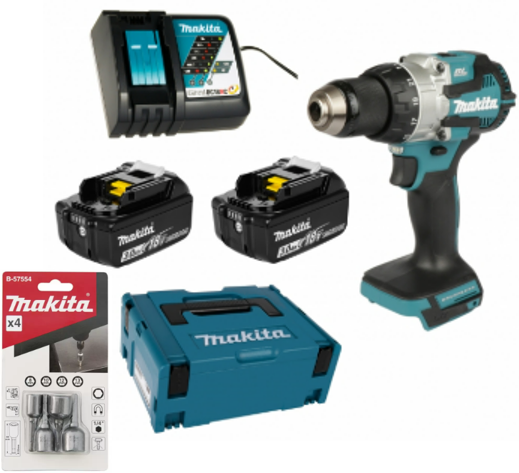 TALADRO PERCUTOR INAL. 18V + 2BAT 3.0AH + CARGADOR DHP489RFJ + JGO. DADO HEX. CORTO B-57554 - MAKITA