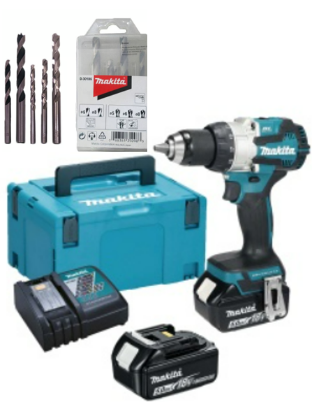 TALADRO PERCUTOR 1/2" INAL. 18V + 2BAT. 3.0AH + CARGADOR DHP485F002 + BROCAS 5PCS D-30106 - MAKITA