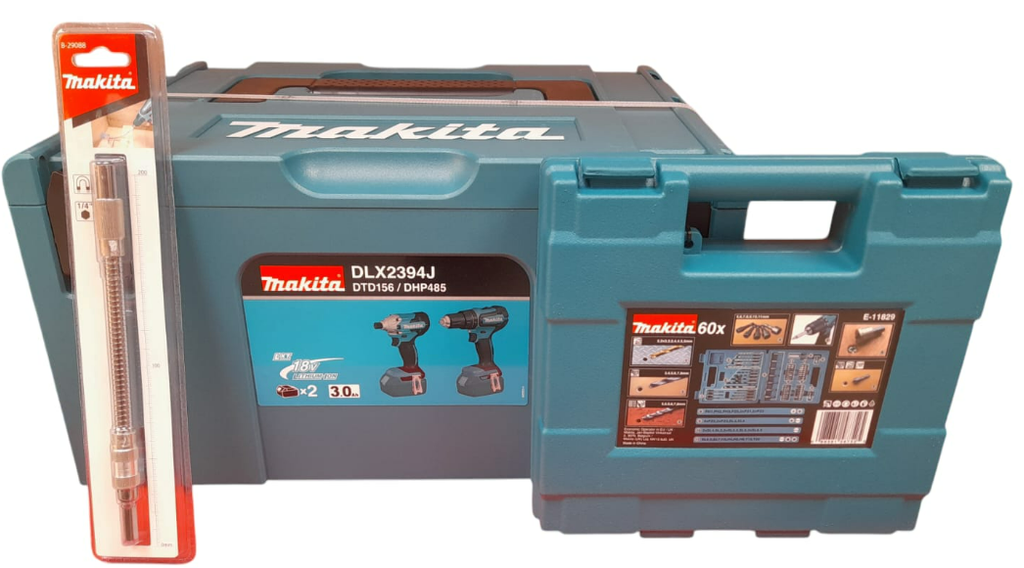 TALADRO PERCUTOR INAL. 1/2" DHP485+ ATORNILLADOR IMPACTO 18V DTD156 + 2 BAT. 3.0AH +CARGADOR + EXTENSION 200MM B-29088 + MALETIN ACC. COMBINADOS 60PCS E-11829 - MAKITA