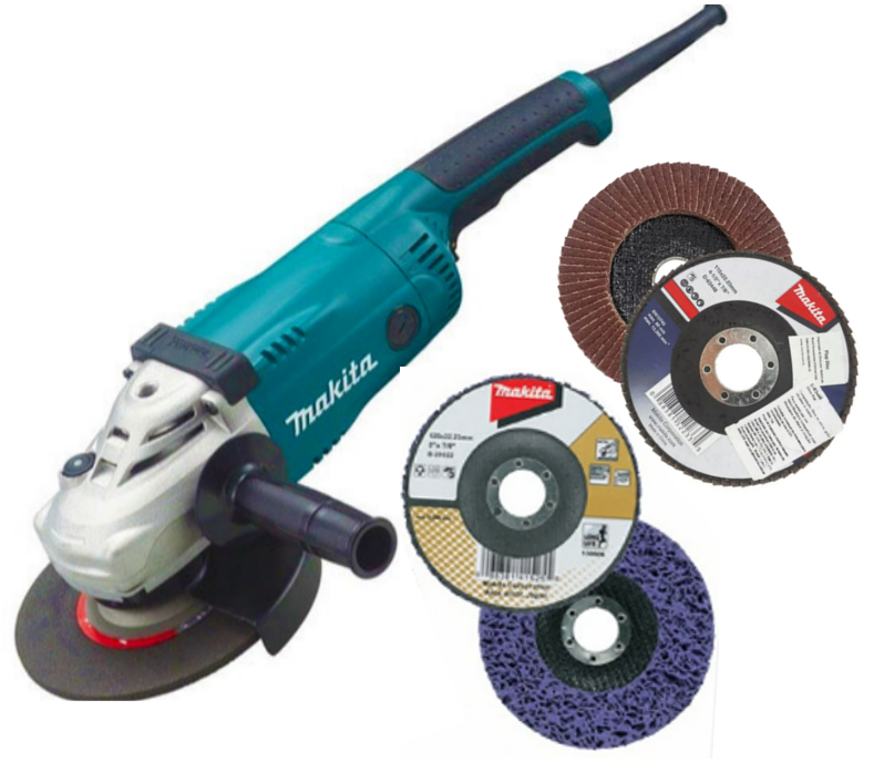 ESMERIL ANGULAR 7" 2200W GA7020 + 2DISCO D/LIMPIEZA B-29038 + 2DISCO FLAP A60 180X22.23 D-63529 - MAKITA