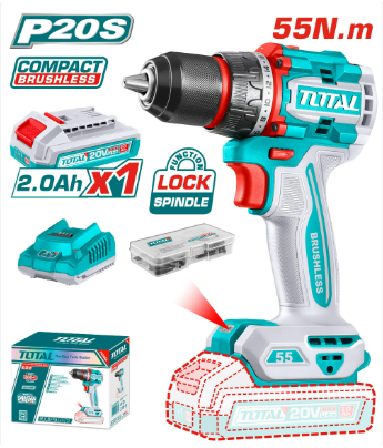 TALADRO  BRUSHLESS 55NM 1/2" 20V + 1BAT2.0AH + CARGADOR +CAJA CARTON (#TDLI205582)  - TOTAL