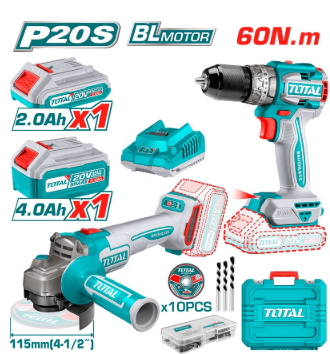 COMBO TALADRO 1/2" AMOLADORA 4-1/2" BRUSHLESS 20V INDUSTRIAL + 2BAT. 4.0AH Y 2.0AH + CARGADOR (#TCKLI20273) - TOTAL