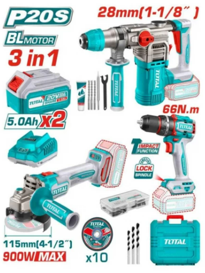 MEGA COMBO ROTOMARTILLO 1-1/8" + AMOLADORA 4-1/2" + TALADRO 1/2" 20V + 2 BATERIAS 5.0AH (#TOSLI241183) - TOTAL