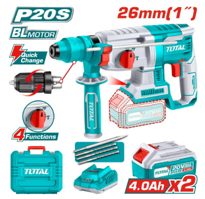 ROTOMARTILLO SDS PLUS 1" 20V 1100RPM +2 BATERIAS 4.0AH + CARGADOR + MALETA #TRHLI202289 - TOTAL