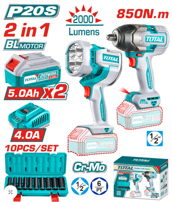COMBO LLAVE DE IMPACTO 1/2" 800NM + LINTERNA 20V + DADOS IMPACTO + 2BAT. 5.0AH + CARGADOR (#TOSLI241181) - TOTAL