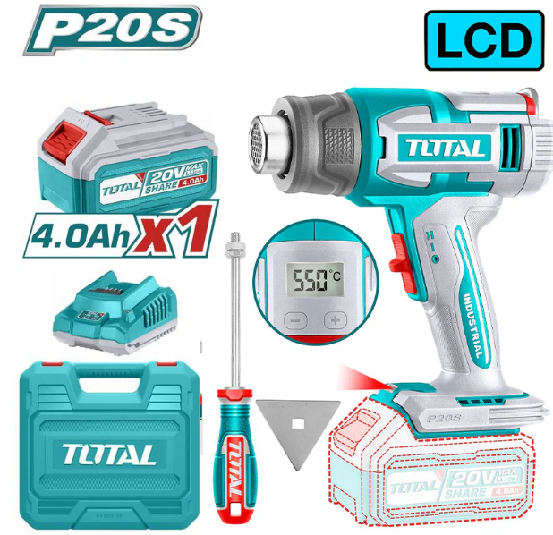 PISTOLA DE CALOR DIGITAL 20V EN MALETA 1BAT. 5.0AH + CARGADOR (#TBLI20035) - TOTAL