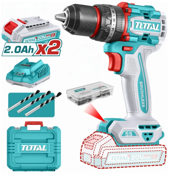 TALADRO BRUSHLESS 55NM 1/2" 20V + 2BAT. 2.0AH + CARGADOR + MALETA #TIDLI20558 - TOTAL