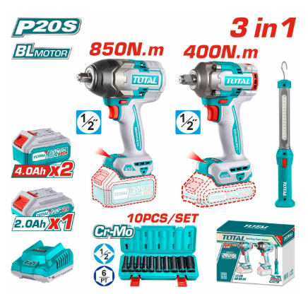 MEGA COMBO LLAVE DE IMPACTO 1/2" 850NM + LLAVE DE IMPACTO 1/2 400NM+LINTERNA #TOSLI241195 - TOTAL
