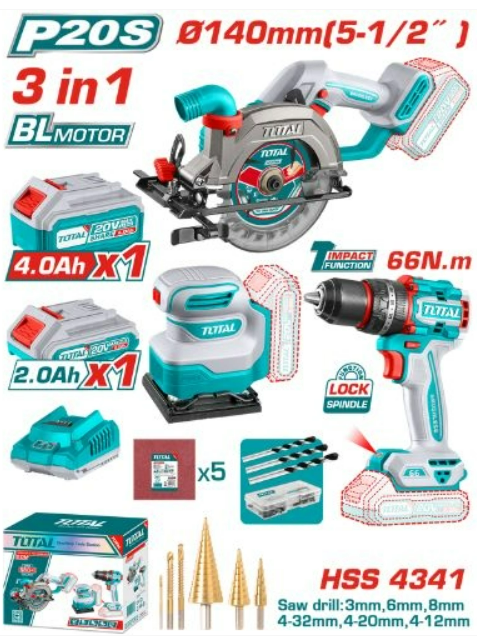 COMBO TALADRO PERCUTOR 66NM + LIJADORA 20V + SIERRA CIRCULAR 5-1/2" + 1BAT 4.0AH + 1BAT 2.0AH + CARGADOR #TOSLI241193 - TOTAL