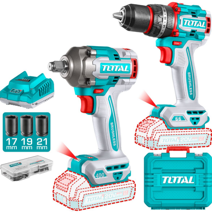 COMBO TALADRO PERCUTOR 66NM + LLAVE DE IMPACTO 1/2" 400NM 20V + C/ 2BAT. 2.0AH Y MALETA #TCKLI20275 - TOTAL