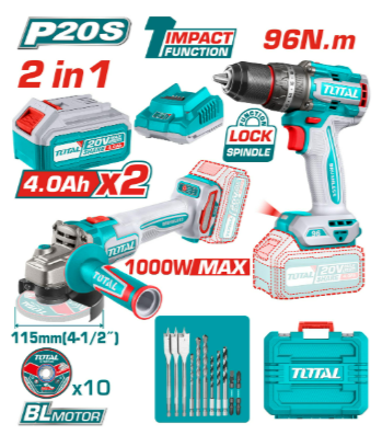TALADRO 96NM + AMOLADORA 4-1/2" BRUSHLESS 20V INDUSTRIAL + 2BAT 4.0AH + CARGADOR #TOSLI241298 - TOTAL