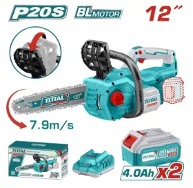 MOTOSIERRA INDUSTRIAL 20V LI-ION 12" 30CM + 2BAT. 4.0AH +1CARGADOR DOBLE #TGSLI201286 - TOTAL