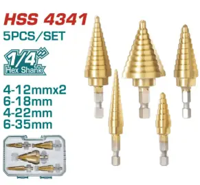 SET 5 PIEZAS BROCAS ESCALONADAS 1/4" HEX. HSS 4341 4-35MM #TACSD2051 - TOTAL