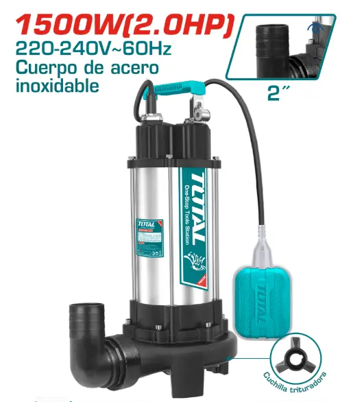 BOMBA SUMERGIBLE A/RESIUAL INOXIDABLE 1500W 2.0HP H:14.5M C:350L/MIN (#TWP7150026-5) - TOTAL 