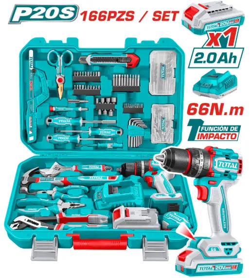 COMBO 2 EN 1 TALADRO PERCUTOR 20V 66NM + 1 BATERIA DE 2.0AH + ACCESORIOS (166 PIEZAS) #THKTHP41667 - TOTAL