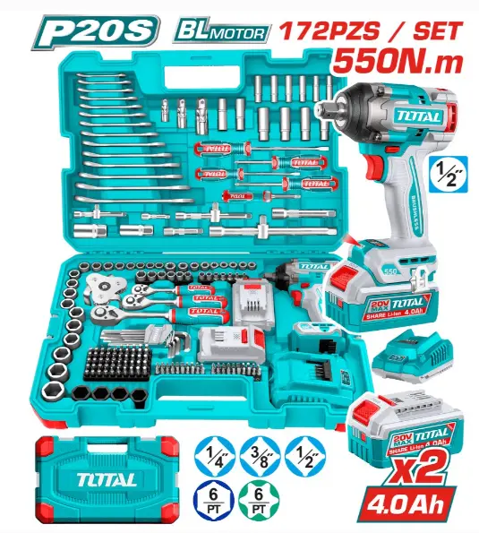 COMBO 2 EN 1 LLAVE IMPACTO 550NM + 2 BATERIAS DE 4.0AH 20V + ACCESORIOS (172 PIEZAS) #THKTHP41728 - TOTAL