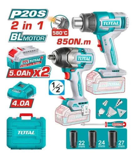 LAVE DE IMPACTO 1/2" 850NM + PISTOLA DE CALOR 300/500 °C + 2 BATERIAS DE 5.0AH 20V #TOSLI260381 - TOTAL
