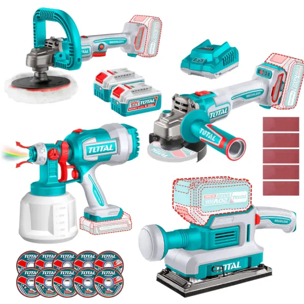COMBO 4 EN 1 AMOLADORA DE 1000W + PULIDORA DE 7" + PISTOLA DE PINTAR + LIJADORA + 2 BATERIAS DE 4.0AH 20V #TOSLI250696 - TOTAL