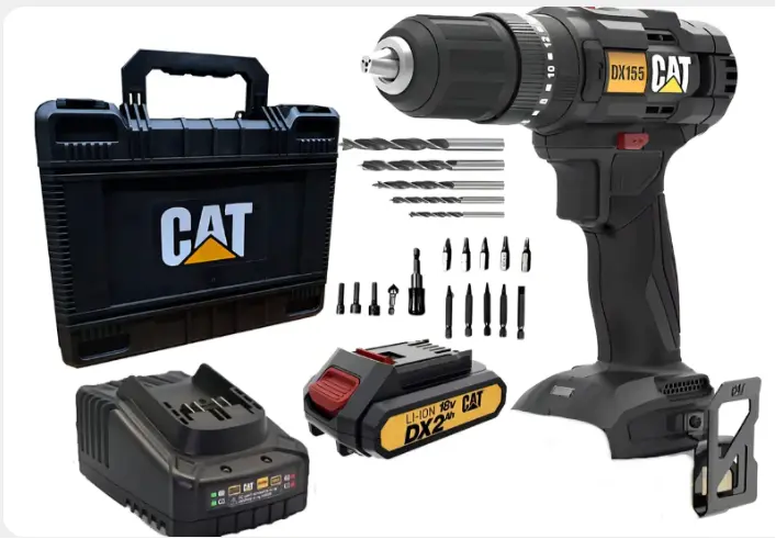 TALADRO PERCUTOR ATORNILLADOR 18V 13MM + 1 BATERIA DE 2.0AH + ACCESORIOS #DX155.2 - CAT