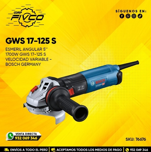 [76676] ESMERIL ANGULAR 5" 1700W S V. VARIABLE (#GWS 17-125S) - BOSCH GERMANY