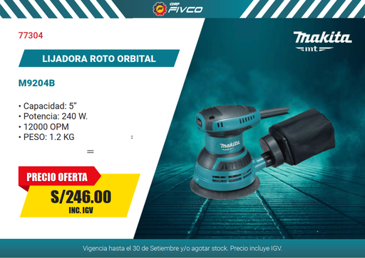 [77304] M9204B LIJADORA ROTO ORBITAL 5" 240W MT AZUL / 12,000 OPM / 1.2KG - MAKITA
