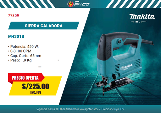 [77309] M4301B SIERRA CALADORA 450W MT AZUL / 18MM CARRERA / 0-3,100 CPM - MAKITA