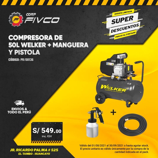 [PR/00503] COMPRESORA 50L ZC-0.12/8 WELKER + MANGUERA Y PISTOLA