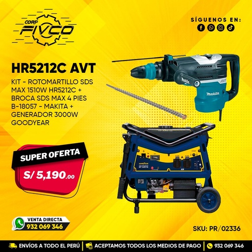[PR/02336] KIT - ROTOMARTILLO SDS MAX 1510W HR5212C AVT + BROCA SDS-MAX 4 PIES B-18057 MAKITA + GENERADOR 3000W GOODYEAR
