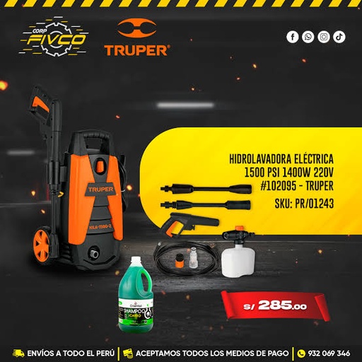 [PR/02775] KIT - HIDROLAVADORA ELECTRICA 1500 PSI 1400W 220V + SHAMPOO DE 1 GLN #102095 - TRUPER