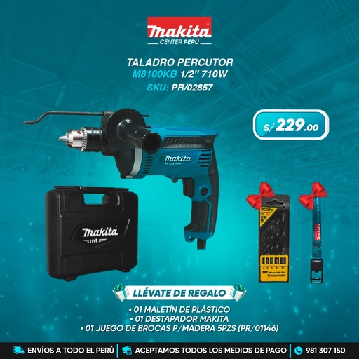 [PR/02857] M8100KB TALADRO PERCUTOR 1/2" 710W MT AZUL C/ MALETIN MAKITA + BROCAS P/MADERA 5PCS KM-1511 KAMASA