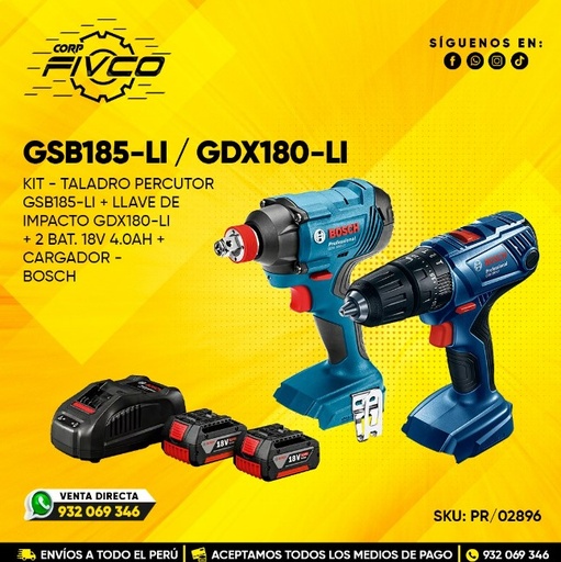 [PR/02896] KIT - TALADRO PERCUTOR GSB185-LI + LLAVE DE IMPACTO GDX180-LI INCL. 2BAT 18V 4.0Ah Y GARGADOR - BOSCH