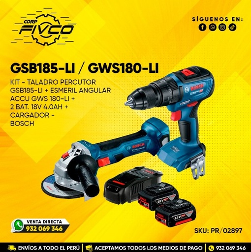 [PR/02897] KIT - TALADRO PERCUTOR GSB185-LI + ESMERIL ANGULAR ACCU GWS 180-LI  INCL. 2BAT 18V 4.0Ah Y GARGADOR - BOSCH