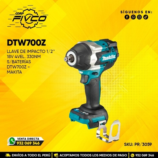 [PR/03059] LLAVE DE IMPACTO 1/2" 18V LXT 4VEL. 700Nm S/BAT DTW700Z - MAKITA